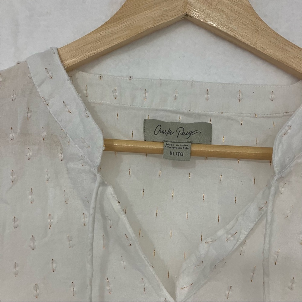 Charlie‎ Paige White Swiss Dot Boho Peplum Blouse Tie Neck XL Cottagecore - Picture 5 of 6